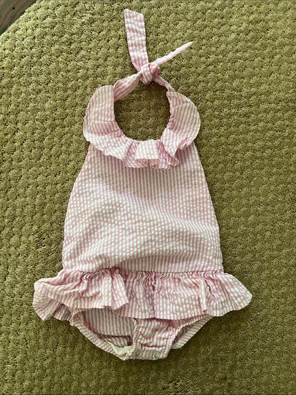 The Bailey Boys Girls Pink Seersucker Ruffle Halter One-Piece Swimsuit